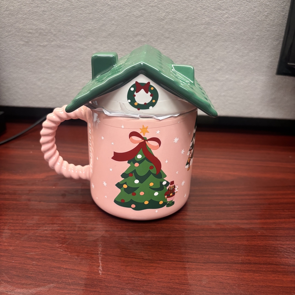 STARBUCKS Festive Pink Holiday Mug with Green Roof